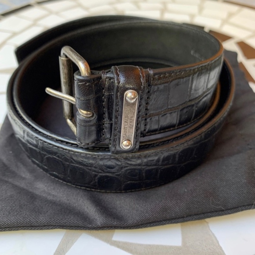 YSL Black Leather Snakeskin Belt